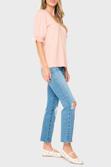 Side of woman modeling Lace Trim V-Neck Luxe Sweater Top in pink smoke style business casual for work