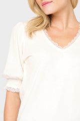 Detail of Woman modeling Lace Trim V-Neck Luxe Sweater Top in White with lace trim short sleeve