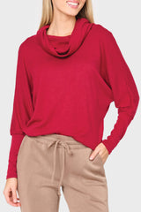 Woman modeling Cozy Up Luxe Cowl Neck Sweater in Cranberry red styled cozy casual for weekends