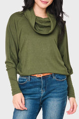 Woman modeling Cozy Up Luxe Cowl Neck Sweater in Martini Green styled business casual for work