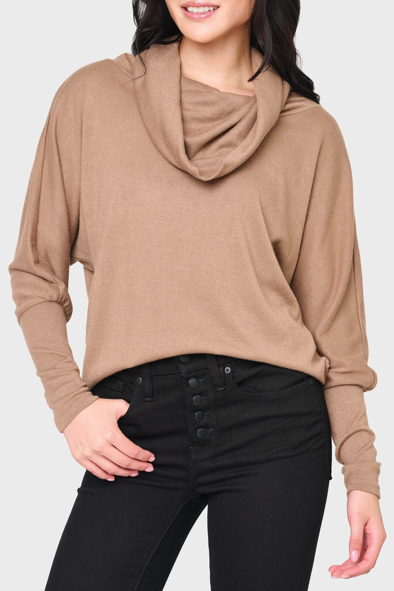 Woman modeling Cozy Up Luxe Cowl Neck Sweater in Mocha brown styled casual for weekends & events