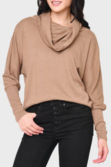 Woman modeling Cozy Up Luxe Cowl Neck Sweater in Mocha brown styled casual for weekends & events