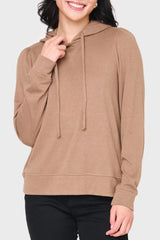Woman modeling The Chic Luxe Alpine Hoodie in Brown styled casual for weekends