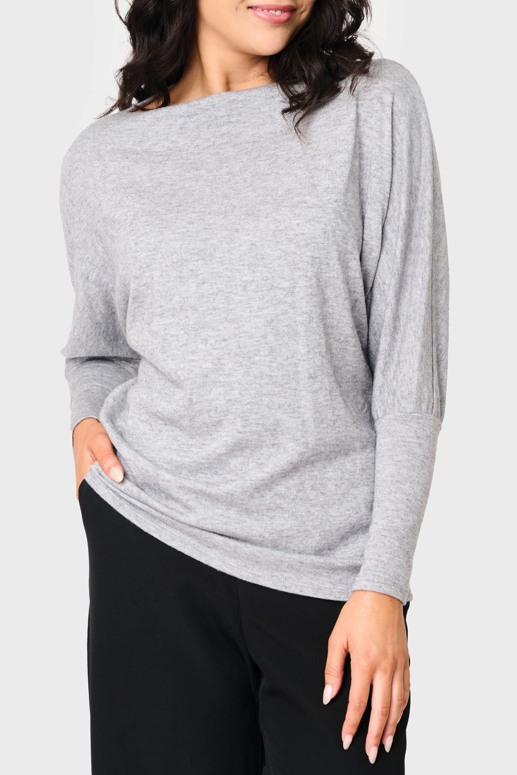 Women modeling Slouchy Luxe Open Neck Sweater in Heather Grey styled business casual for everyday work