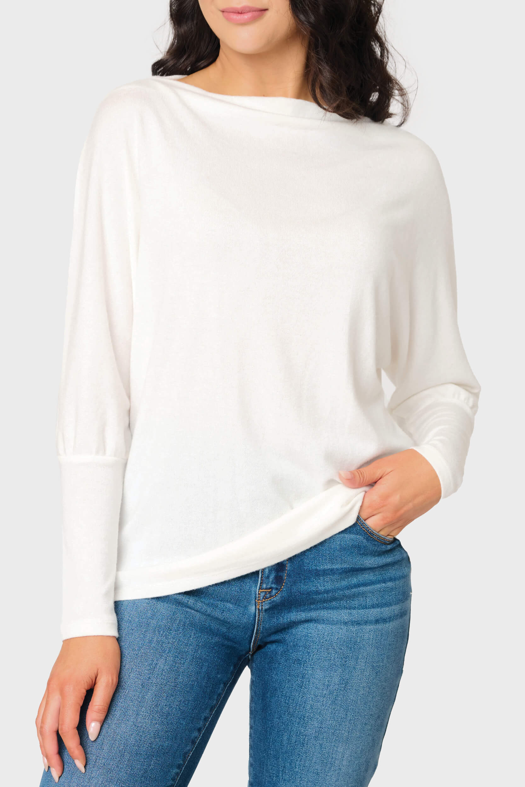 Woman modeling Slouchy Luxe Open Neck Sweater in Ivory styled for everyday and business casual