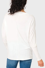 Back of Woman modeling Slouchy Luxe Open Neck Sweater in Ivory styled for everyday and business casual