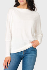 Woman modeling Slouchy Luxe Open Neck Sweater in Ivory styled for everyday and business casual