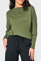 Woman modeling Slouchy Luxe Open Neck Sweater in Olive Green styled weekend casual