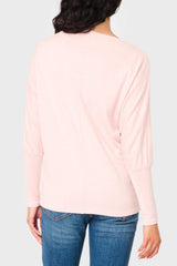 Back of Woman modeling Slouchy Luxe Open Neck Sweater top in light Pink Smoke styled everyday casual