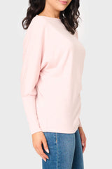 Side of Woman modeling Slouchy Luxe Open Neck Sweater top in light Pink Smoke styled everyday casual