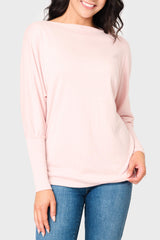 Woman modeling Slouchy Luxe Open Neck Sweater top in light Pink Smoke styled everyday casual