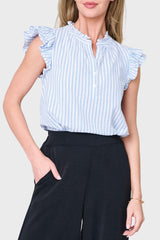 Woman modeling Double Flutter Sleeve Seersucker Stripe Top in blue white stripe styled for work