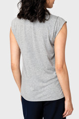 Back of Woman modeling The Favorite Luxe Essentials V-neck Tee in Heather Grey styled for everyday