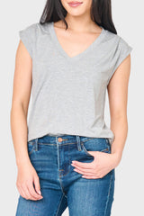 woman modeling the The Favorite Luxe Essentials V-neck Tee in heather grey styled everyday casual