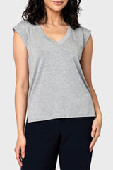 Woman modeling The Favorite Luxe Essentials V-neck Tee in Heather Grey styled for everyday