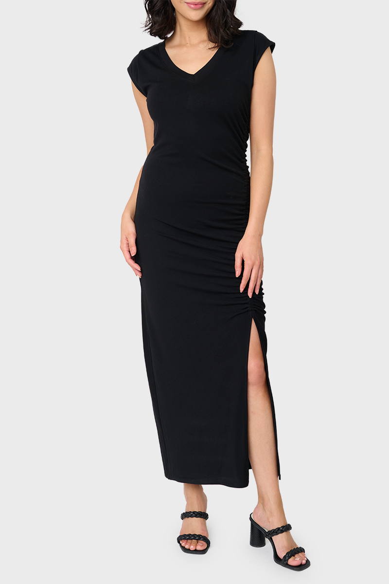 Soft Ponte V-Neck Side Cinch Maxi Dress Black / XL