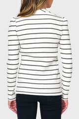 Back of Woman modeling The Amelia Ribbed Henley Top in Black White stripe styled business casual