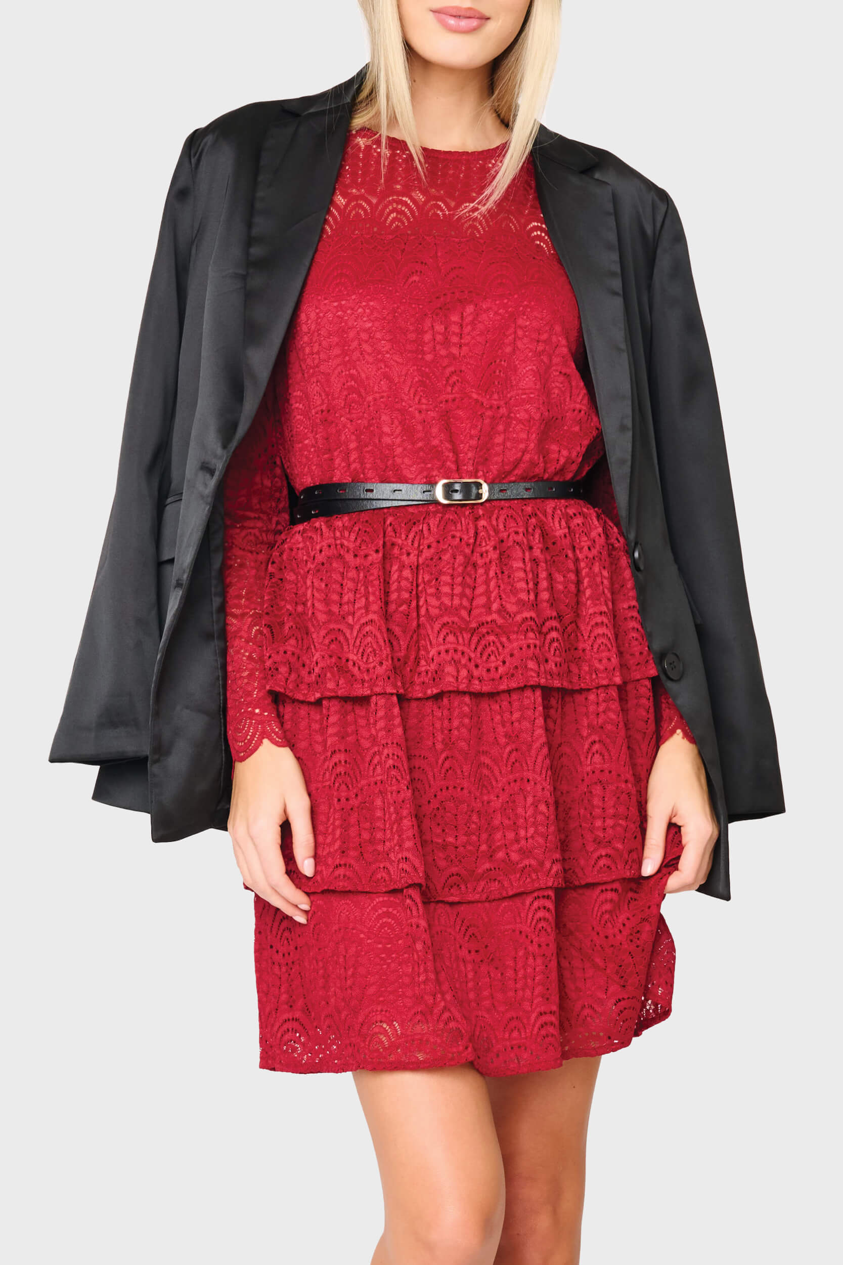 Woman modeling Scallop Lace Tiered Dress in Red styled for holiday parties and events
