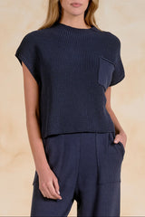 Woman modeling Elan Willow Sweater Navy styled as a set set for everyday casual