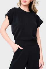 Woman modeling Soft Cloud Scuba Luxe Everywhere Top in black, styled with the matching pants
