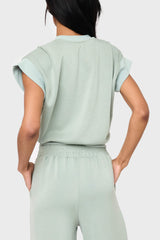 Back view Woman modeling Soft Cloud Scuba Luxe Everywhere Top in sage green, styled with the matching pants