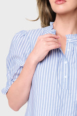 Modeal wearing Dianthus Henley Puff Sleeve Striped Blouse henley ruffle neck for summer