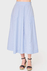 Woman modeling Amanda Smocked Back Midi Skirt in blue white stripe styled for work and weekends