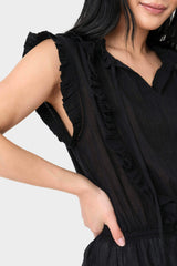 Close-up of women wearing the Elan Sleeveless Ruffle Trim Blouse in black