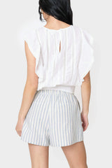Back of women wearing Elan Ruffle Sleeve Detail Smocked Blouse in white