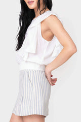 Side of women wearing Elan Ruffle Sleeve Detail Smocked Blouse in white