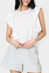 Front of women wearing Elan Ruffle Sleeve Detail Smocked Blouse in white