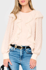 Woman modeling Ophelia Ruffle Boho Blouse in light pink styled business casual