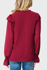 Back view of Woman modeling Holly Ruffled Cuff Blouse in Wine styled with denim