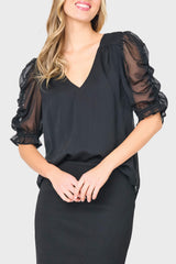 Rouched Sleeve Chiffon V-neck Blouse