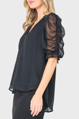 Rouched Sleeve Chiffon V-neck Blouse
