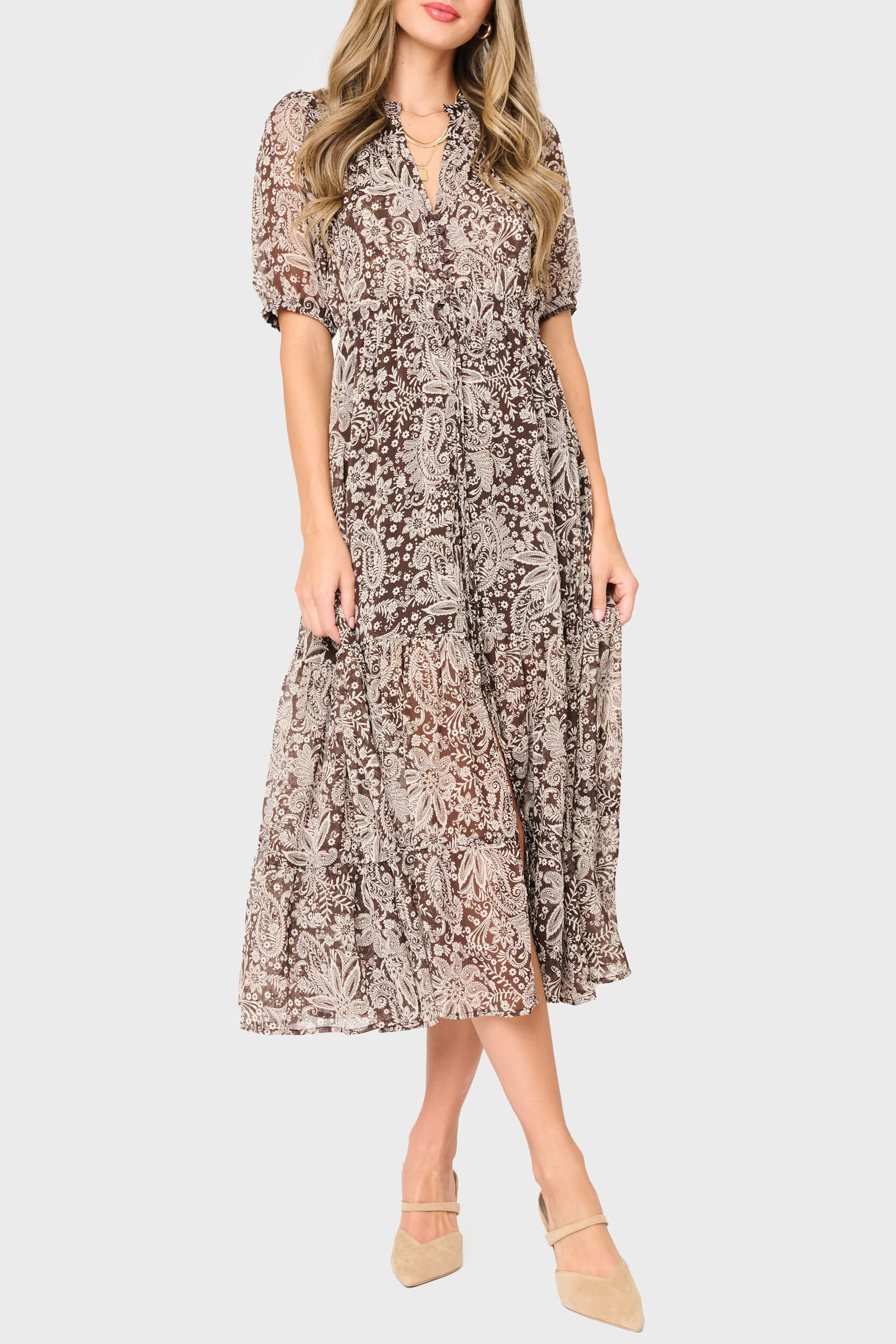 Woman modeling Kira Drawstring Midi Dress in Java Floral brown styled business casual