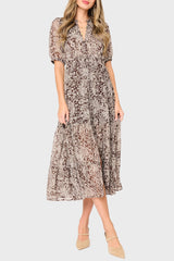 Woman modeling Kira Drawstring Midi Dress in Java Floral brown styled business casual