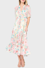 Woman modeling Kira Drawstring Midi Dress in Sunday Bouquet Floral print styled for work and weekends