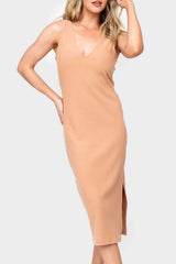 Double V Ribbed Knit Midi Dress with Side Slit