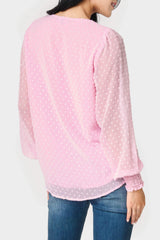 Pin Dot Smocked Detail V-Neck Blouse