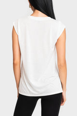 Back of woman modeling The Favorite Luxe Essentials V-Neck Tee in White styled everyday casual