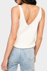 Back of Woman wearing Ivory GIGI Ribbed Sweater Shell