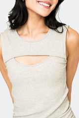 Close-up of Woman wearing Heather Grey Iris Sleeveless Ribbed Cut Out Dress