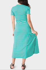 Back of Woman wearing Jade Ivory Stripe Henley Detail Knit Maxi Dress