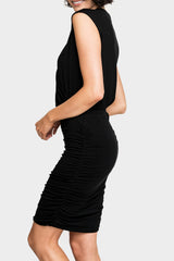 Side of Women Wearing Work It Surplice Rouched Knit Dress in Black