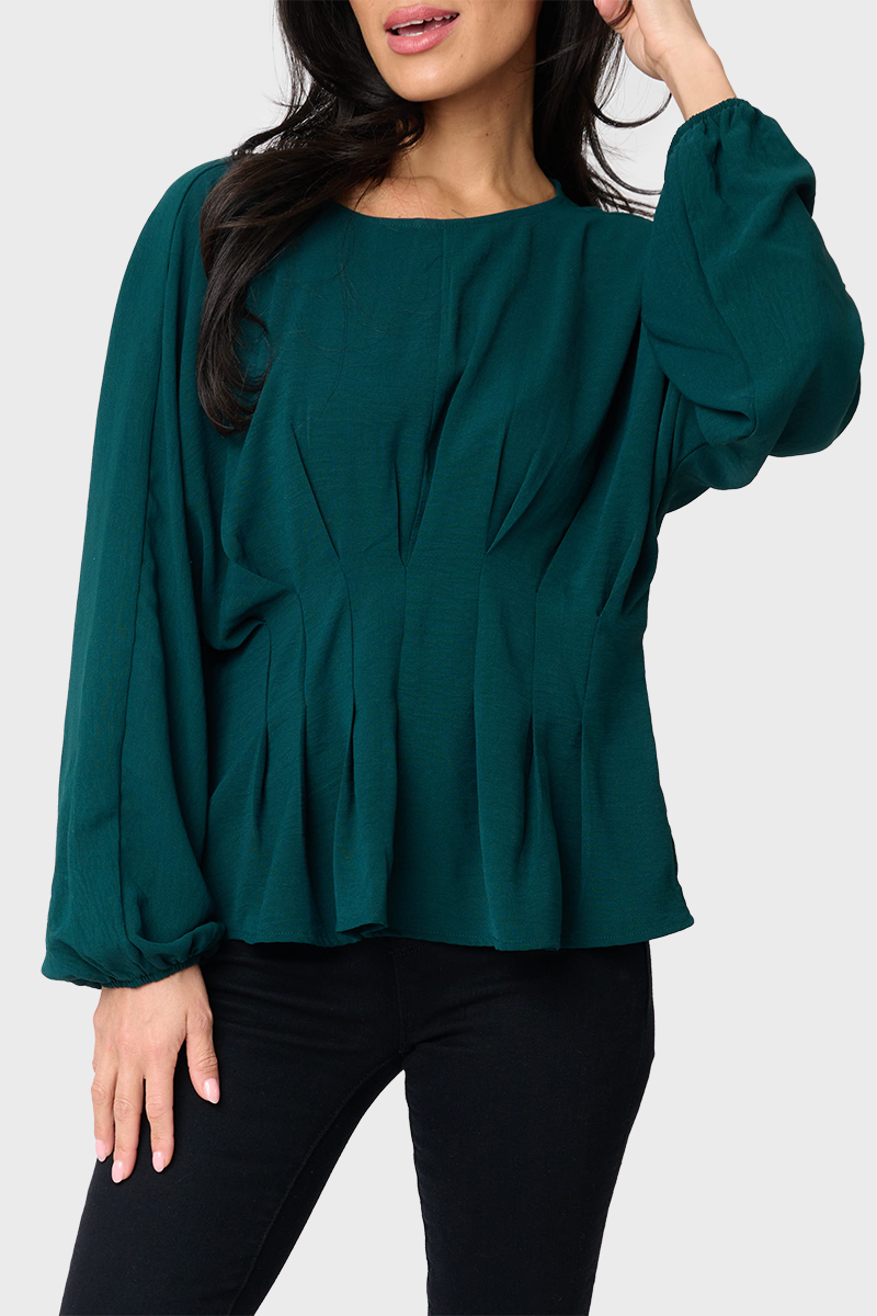 Blouson Sleeve Seamed Jewel Neck Blouse