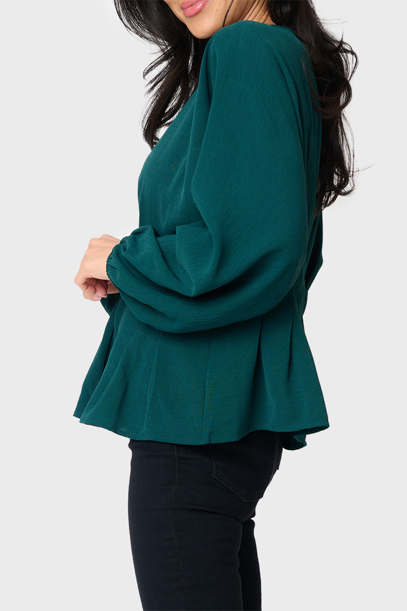 Blouson Sleeve Seamed Jewel Neck Blouse