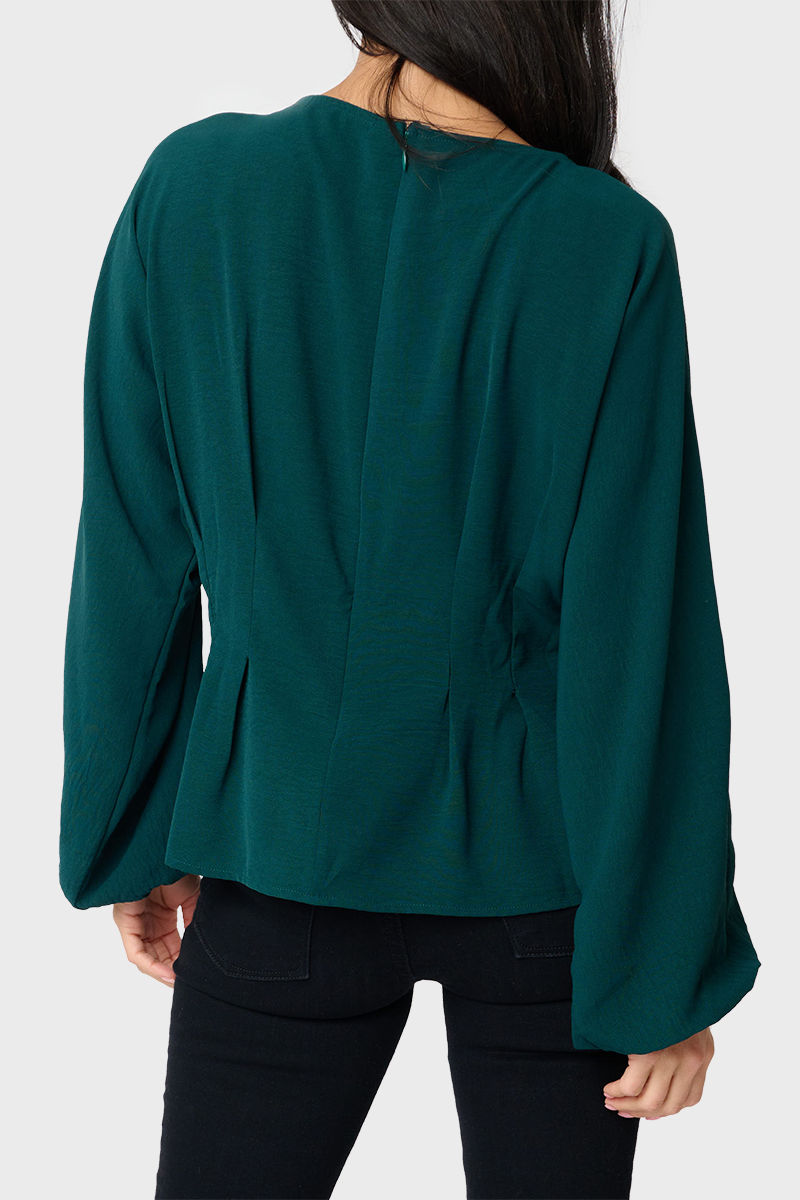 Blouson Sleeve Seamed Jewel Neck Blouse