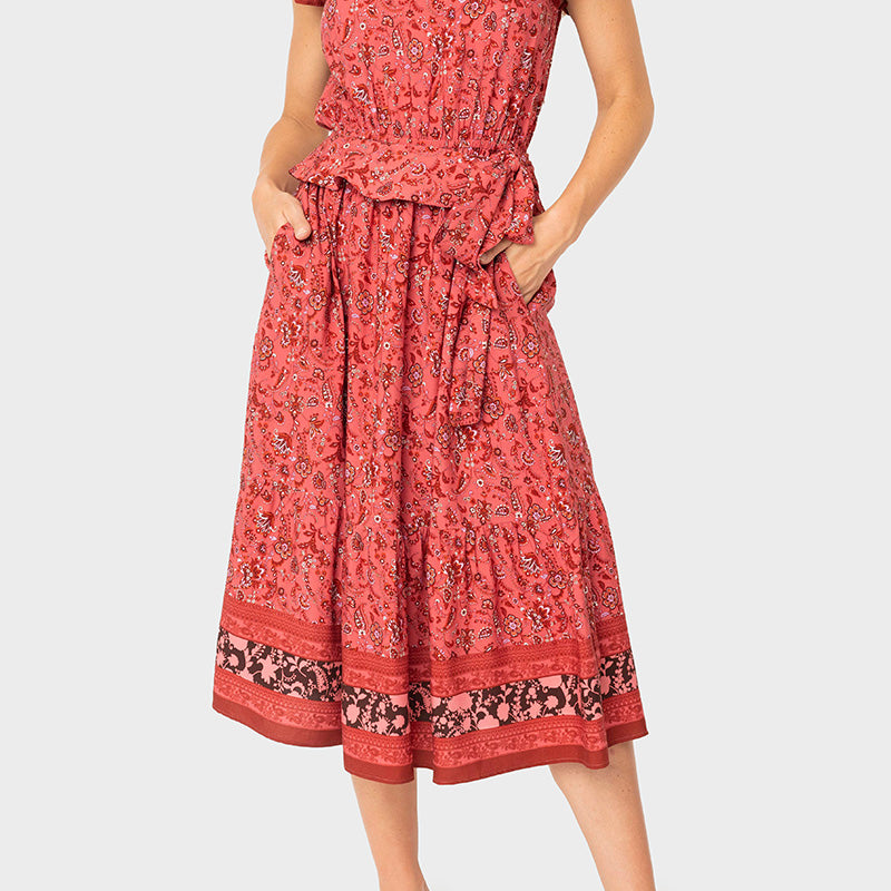 Harvest Moon Flutter Sleeve Border Print Midi Dress