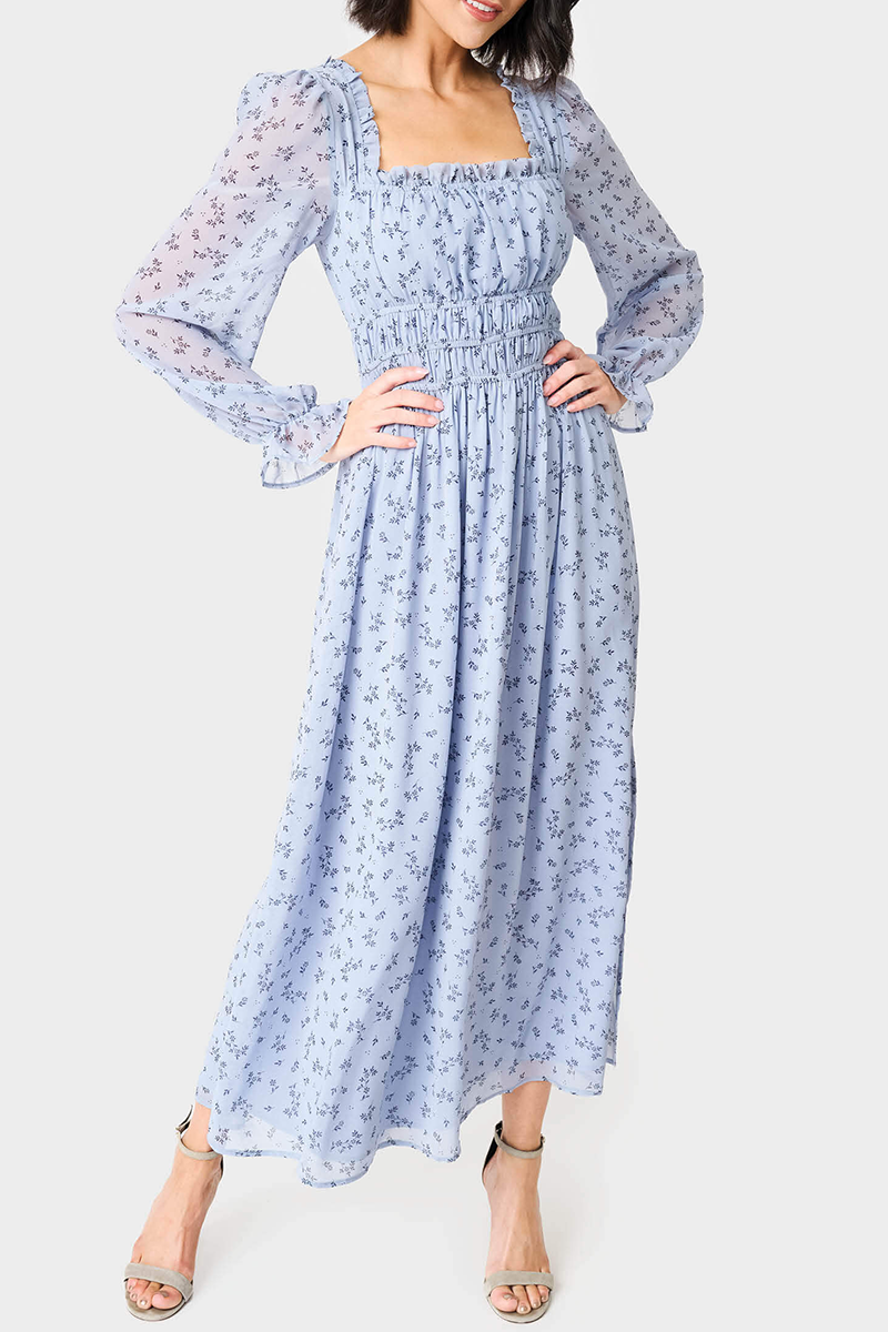 Long Sleeve Square Neck Shirred Maxi Dress